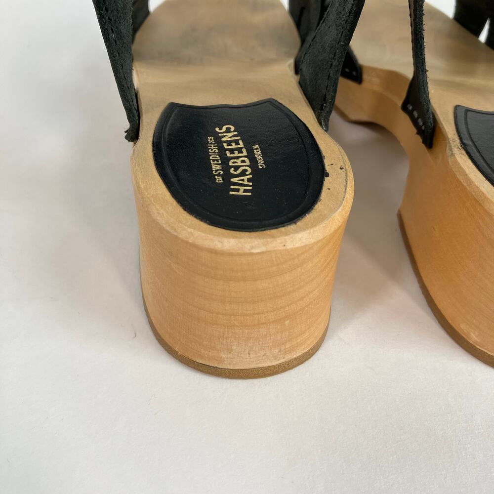 Swedish Hasbeens Ulla Low Sandals Size US 11 EU 41 Black Leather Wood Platform - Picture 9 of 16